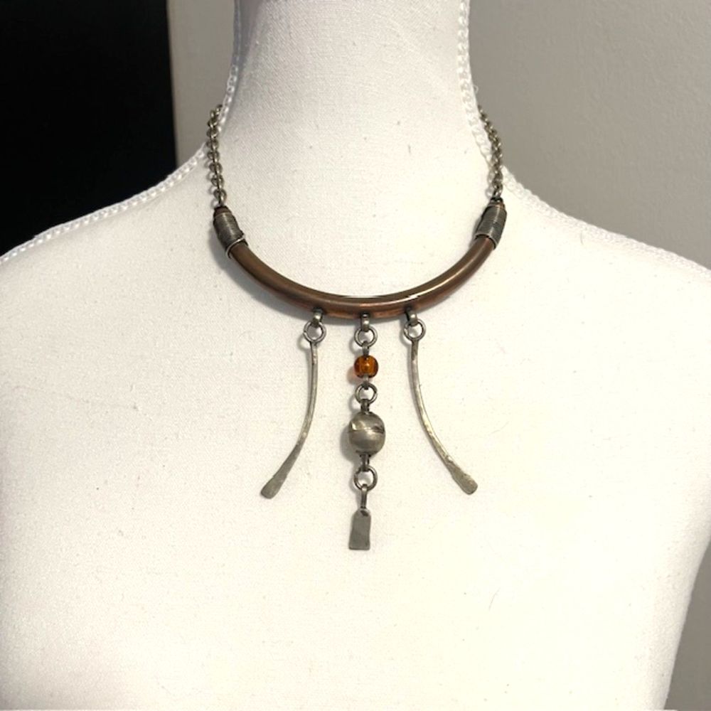 Tribal Silver Tone Bronze Statement Necklace Hook Clasp Closure